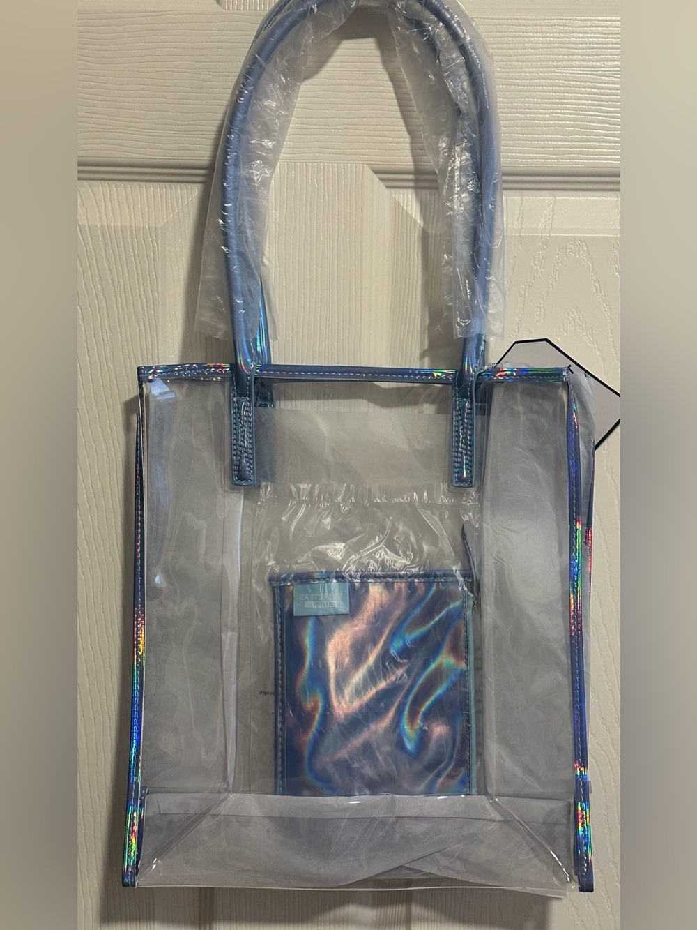 Iridescent Clear Tote Bag with Blue Trim removable pouch 14” Y2K style new